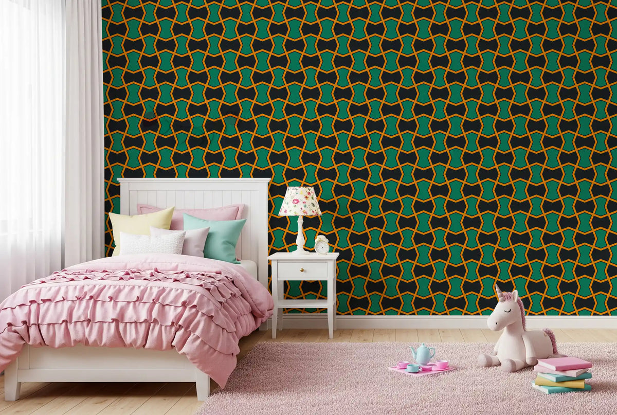 Charcoal and Green Art Deco Grid Wallpaper⁠