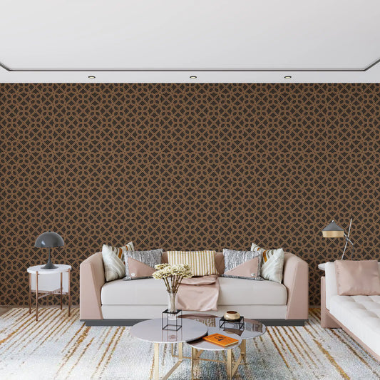 Blush pink sofa and round glass coffee table against bronze lattice wallpaper GD13520