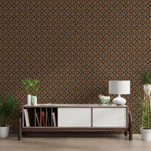Geometric wallpaper behind a wood media console with white doors, table lamp and plants GD13520