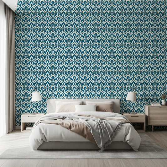 Indigo Damask Lattice Pattern Wallpaper⁠