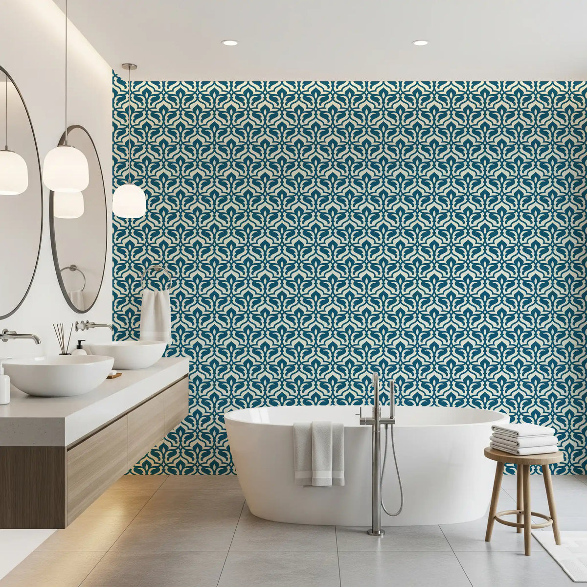 Indigo Damask Lattice Pattern Wallpaper⁠