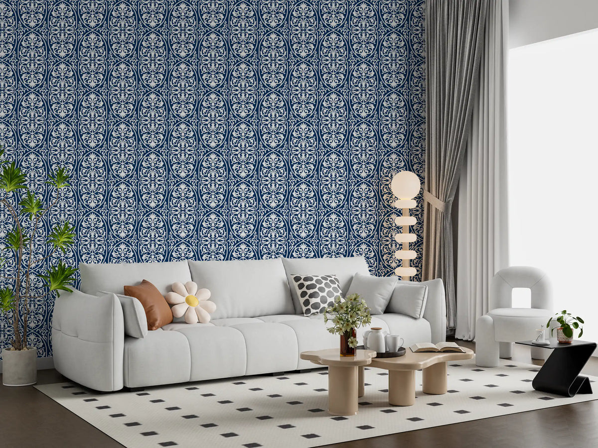 Midnight Damask Scroll Pattern Wallpaper⁠