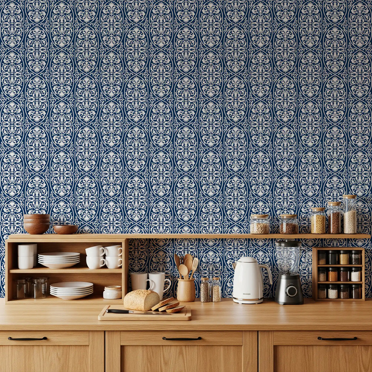 Kitchen with wood counter, open shelves and jars against navy and white damask wallpaper GD13522