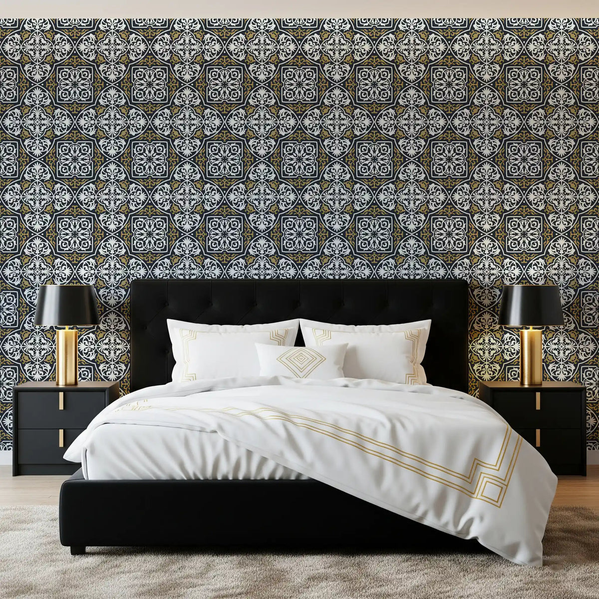 Midnight Arabesque Tile Repeat Wallpaper⁠