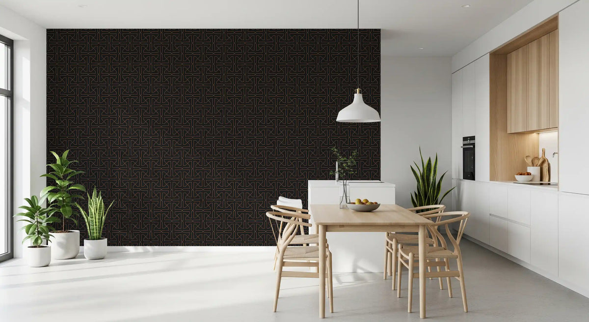 Kitchen dining nook with light wood table and spindle chairs on black geometric wallpaper GD13525