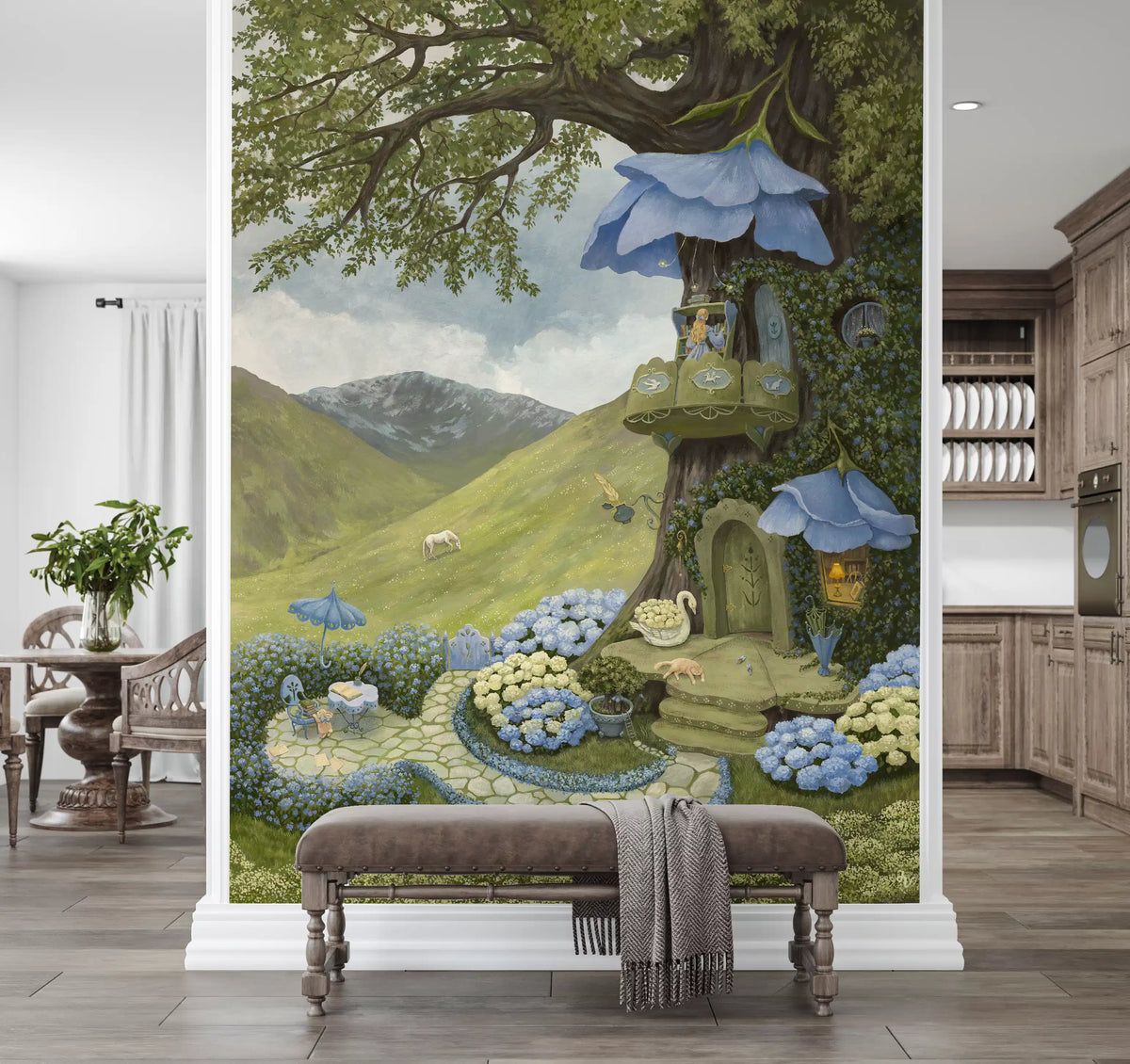 Enchanted Blue Flower Treehouse Wall Mural