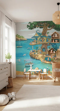 Coastal Cat Cafe Treehouse Scene Wall Mural