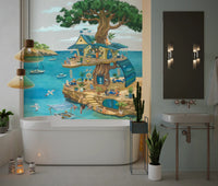 Coastal Cat Cafe Treehouse Scene Wall Mural