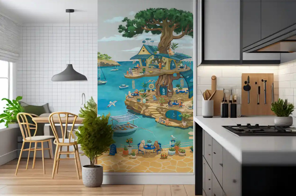 Coastal Cat Cafe Treehouse Scene Wall Mural
