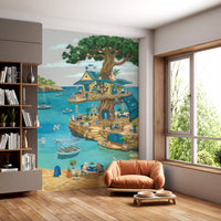 Coastal Cat Cafe Treehouse Scene Wall Mural