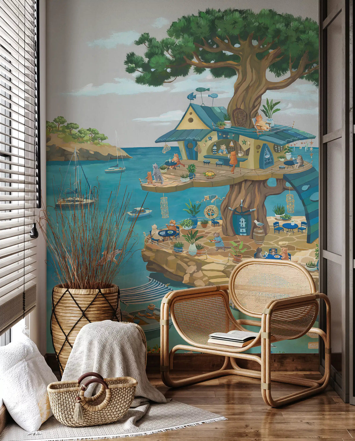 Coastal Cat Cafe Treehouse Scene Wall Mural