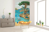 Coastal Cat Cafe Treehouse Scene Wall Mural