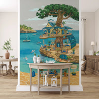 Coastal Cat Cafe Treehouse Scene Wall Mural