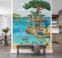 Coastal Cat Cafe Treehouse Scene Wall Mural