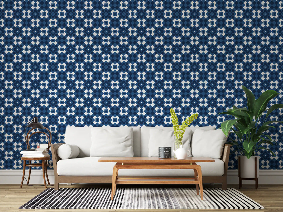Midnight Navy Diamond Tile Pattern Wallpaper⁠