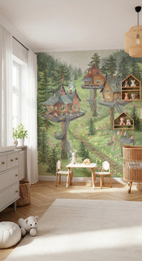 Whimsical Woodland Treehouse Village Scene Wall Mural