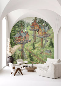 Whimsical Woodland Treehouse Village Scene Wall Mural