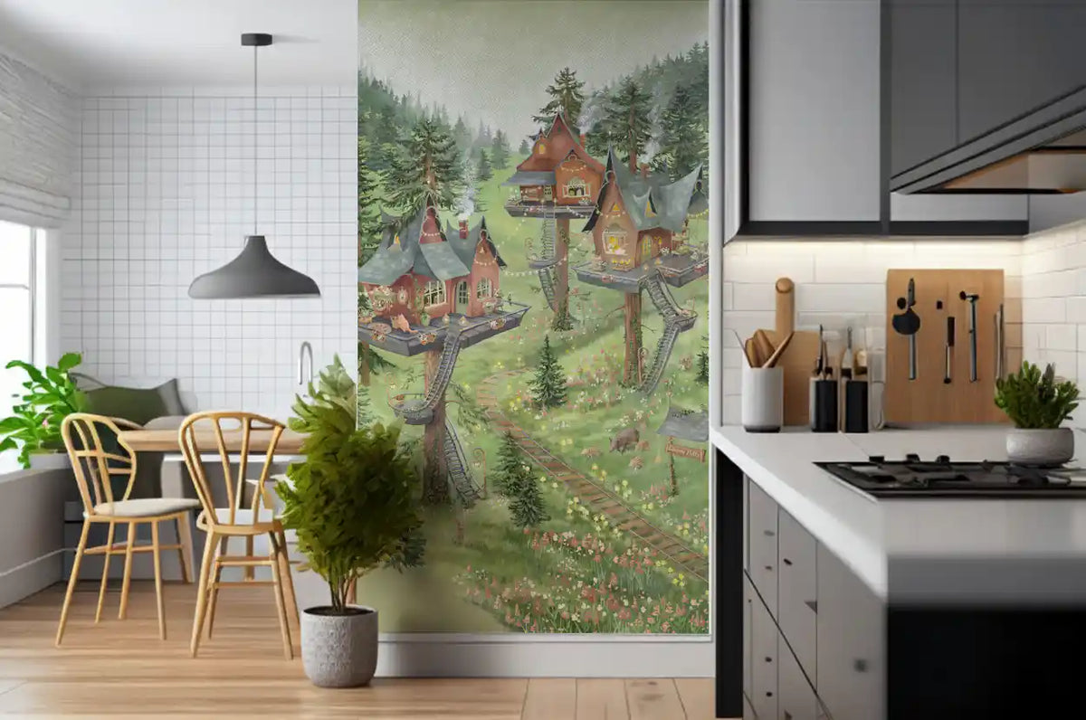 Whimsical Woodland Treehouse Village Scene Wall Mural