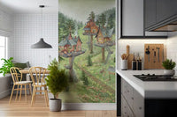Whimsical Woodland Treehouse Village Scene Wall Mural