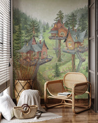 Whimsical Woodland Treehouse Village Scene Wall Mural