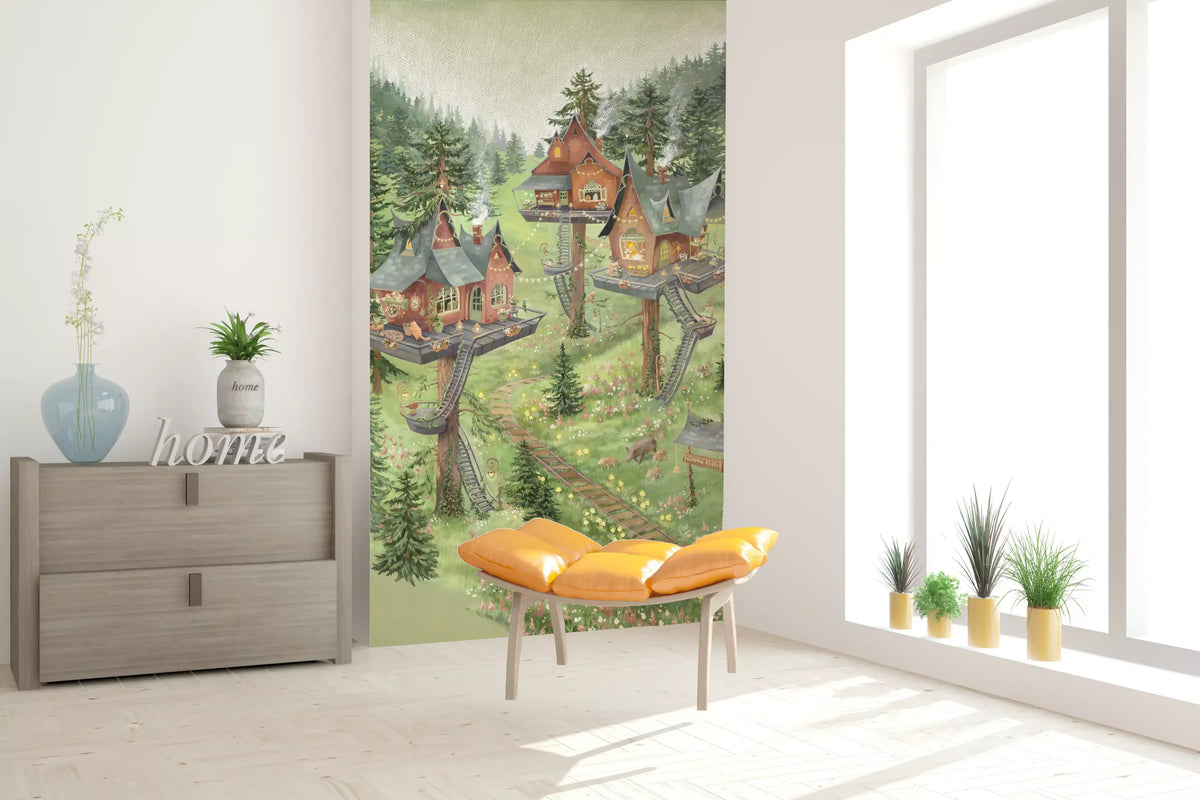 Whimsical Woodland Treehouse Village Scene Wall Mural