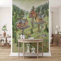 Whimsical Woodland Treehouse Village Scene Wall Mural