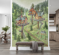 Whimsical Woodland Treehouse Village Scene Wall Mural