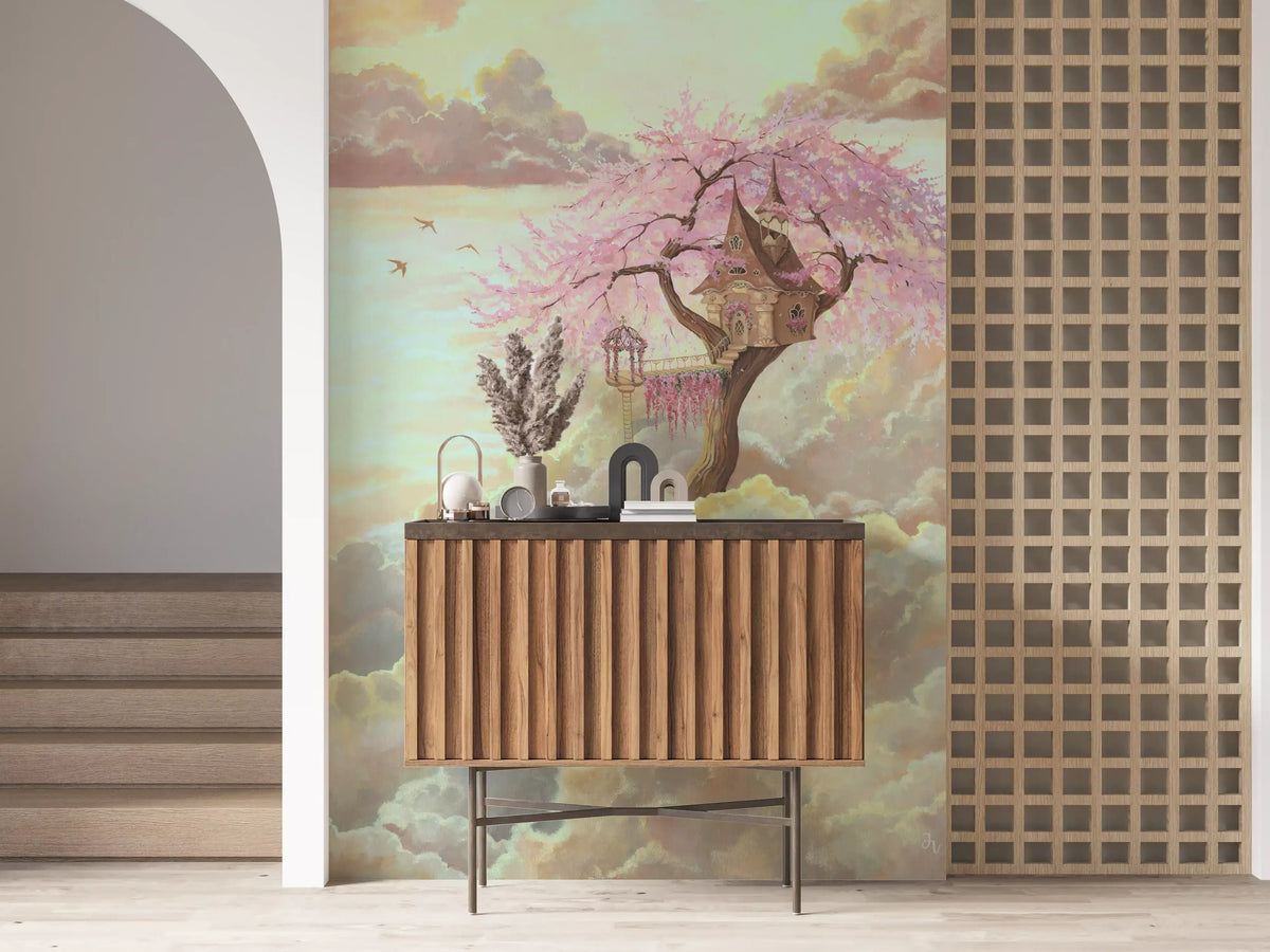 Cloud wallpaper mural on a stair landing behind a fluted wood sideboard and lattice screen GD13542