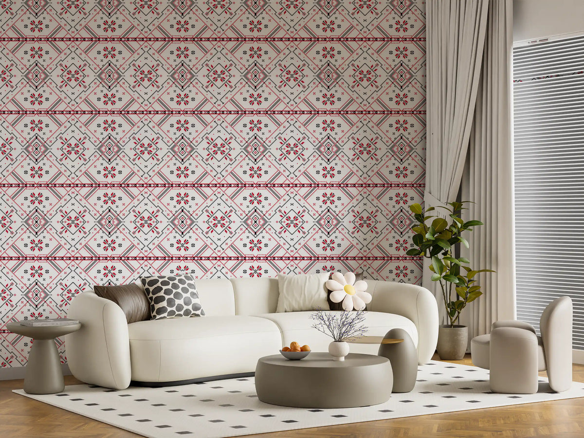 Folklore Geometric Cross-Stitch Pattern Wallpaper⁠