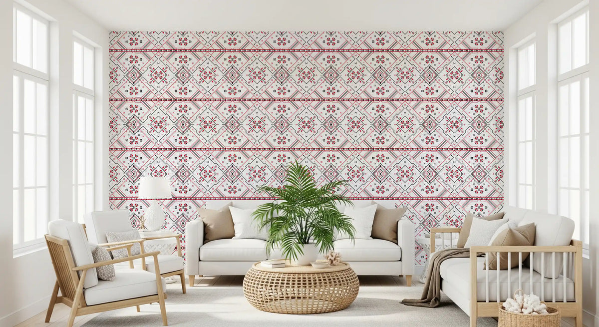 Folklore Geometric Cross-Stitch Pattern Wallpaper⁠