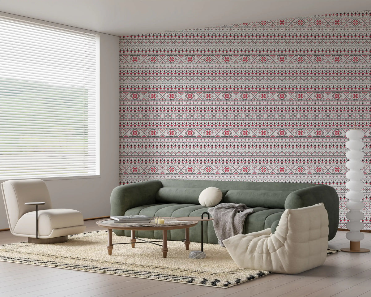 Geometric Folk Art Tile Pattern Wallpaper⁠