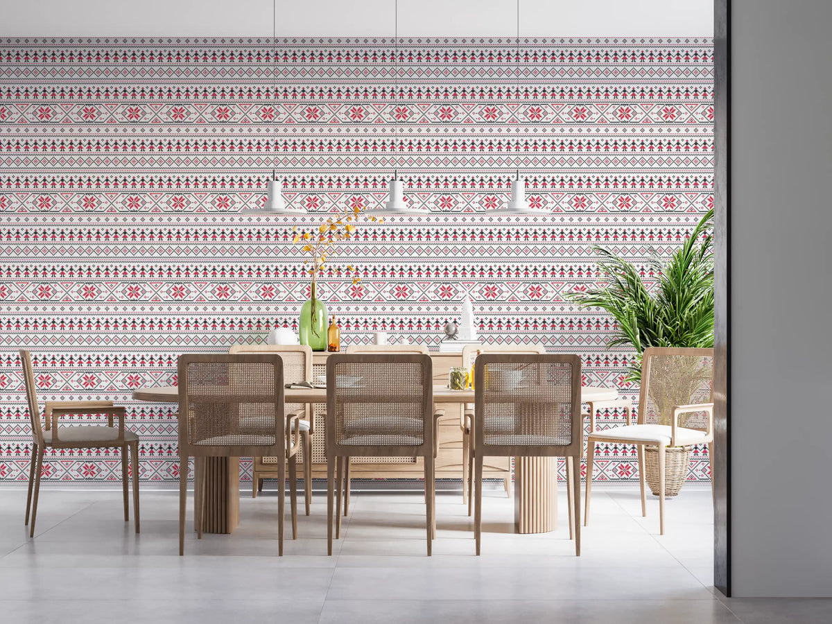 Geometric Folk Art Tile Pattern Wallpaper⁠