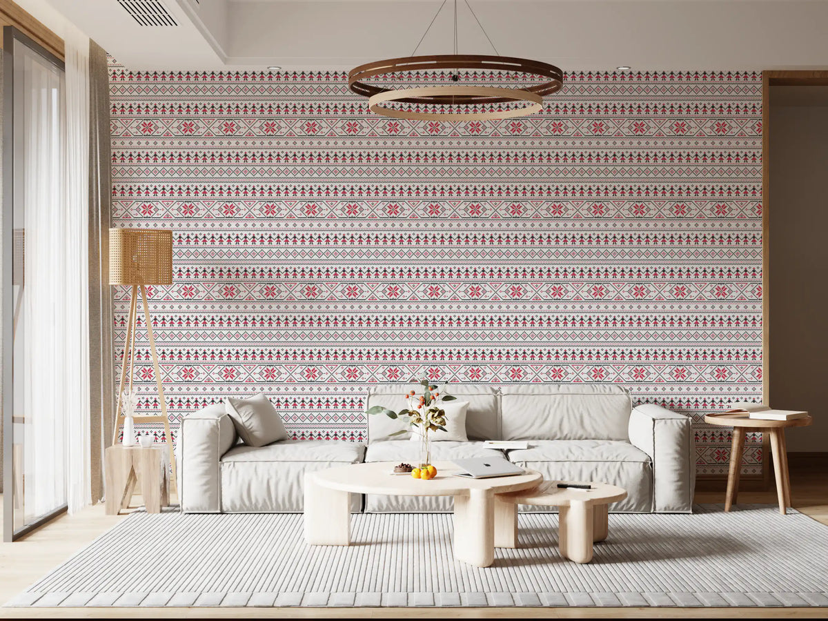 Geometric Folk Art Tile Pattern Wallpaper⁠