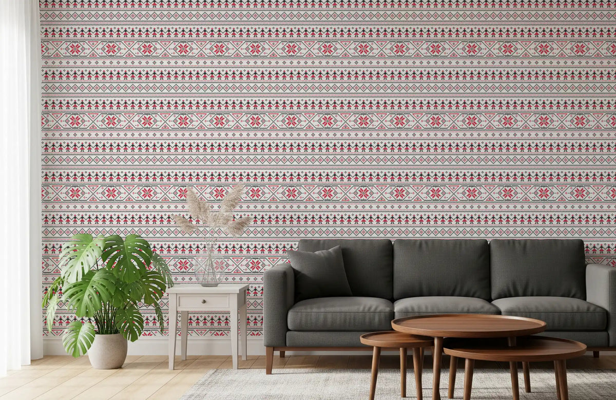 Geometric Folk Art Tile Pattern Wallpaper⁠