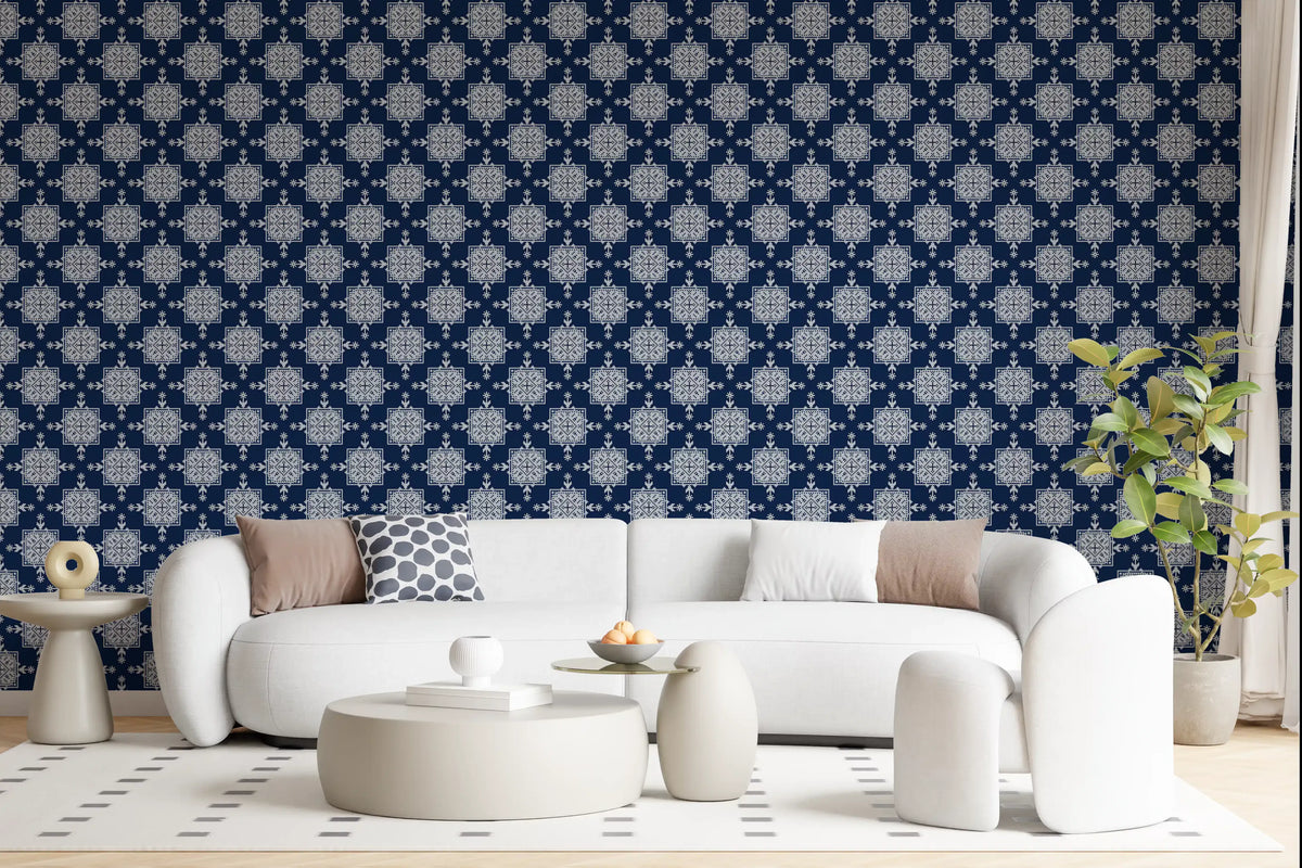 Indigo Cross-Stitch Tile Motif Wallpaper⁠