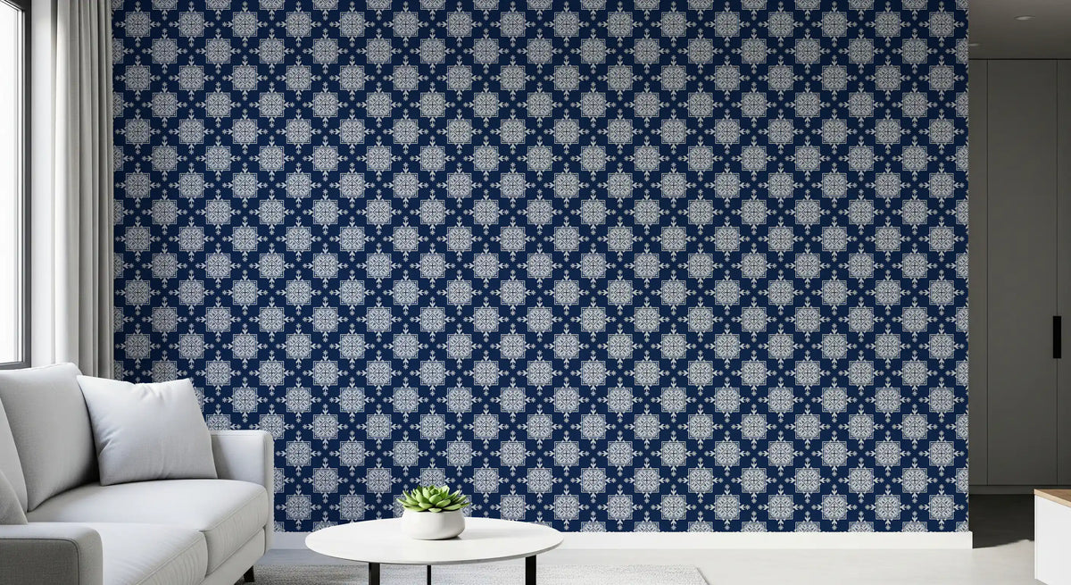 Indigo Cross-Stitch Tile Motif Wallpaper⁠