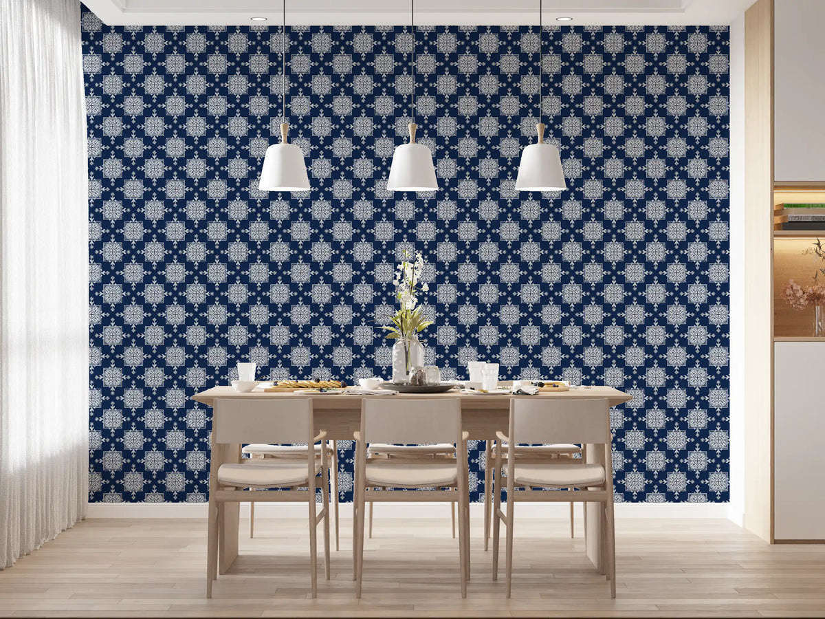 Indigo Cross-Stitch Tile Motif Wallpaper⁠