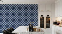 Indigo Cross-Stitch Tile Motif Wallpaper⁠