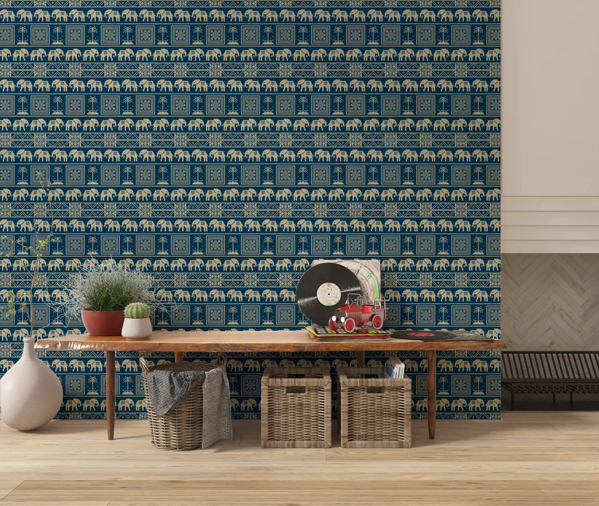 Folklore Elephant and Palm Motif Wallpaper⁠