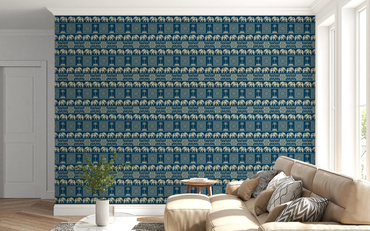 Folklore Elephant and Palm Motif Wallpaper⁠