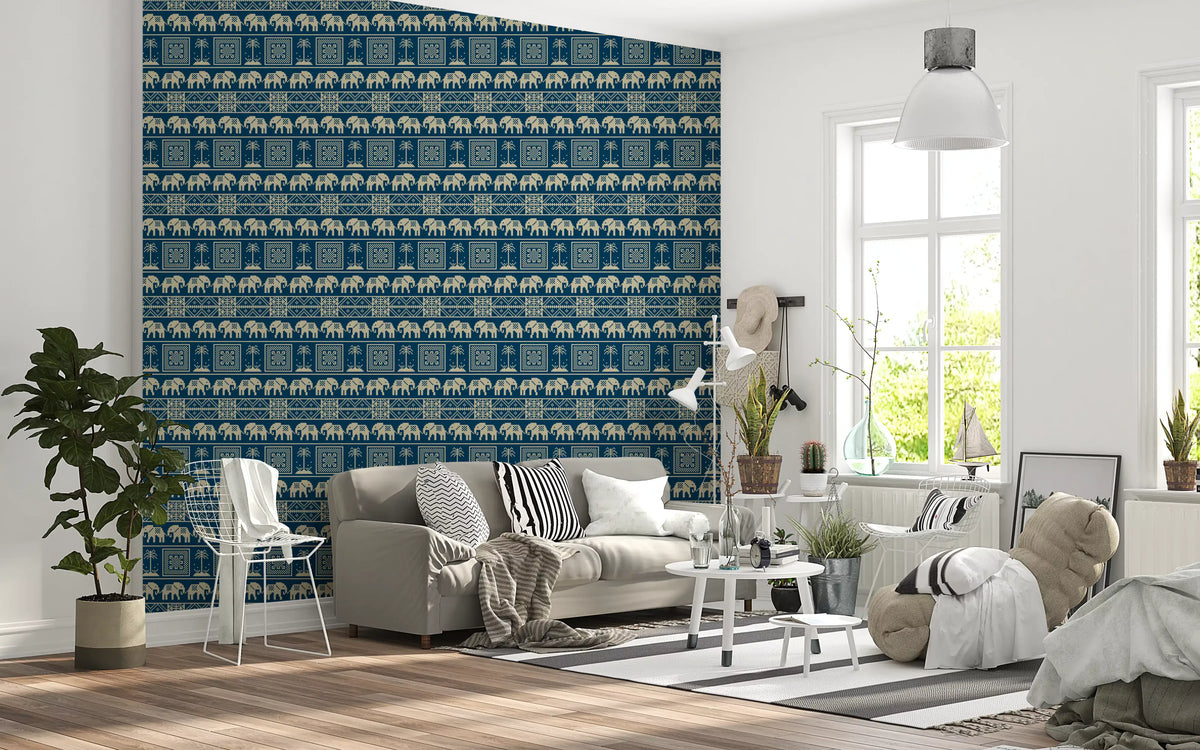 Folklore Elephant and Palm Motif Wallpaper⁠