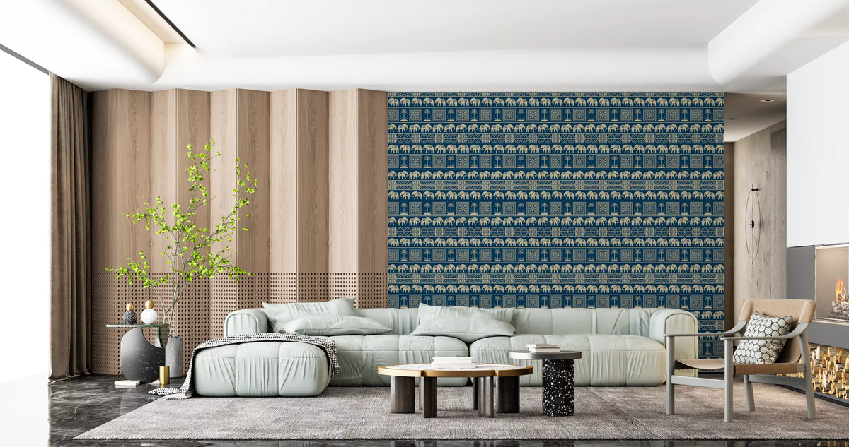 Folklore Elephant and Palm Motif Wallpaper⁠