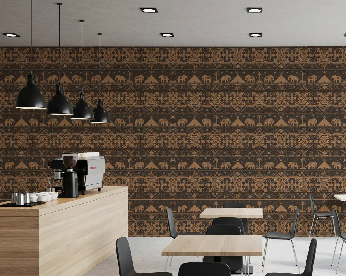Cafe counter with a coffee machine and black pendants against brown elephant wallpaper GD13590