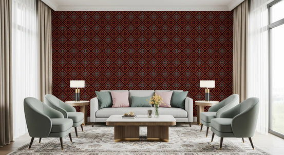Dark Ethnic Mosaic Grid Motif Wallpaper⁠