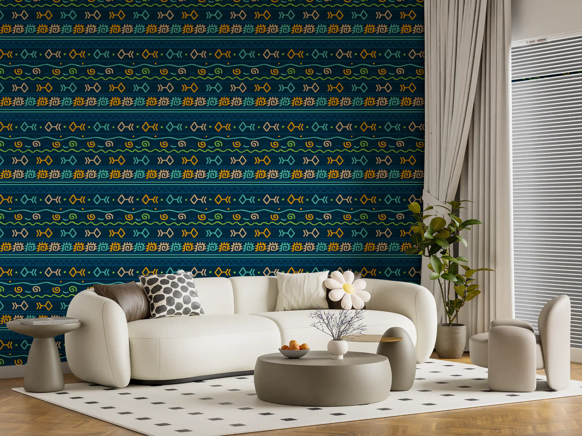 Tribal Indigo Patterned Motif Wallpaper⁠