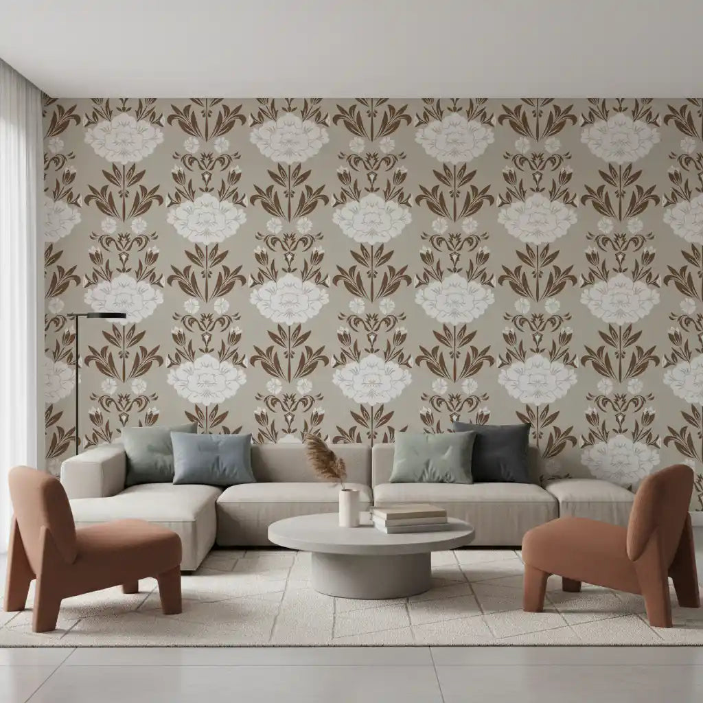 Cream and Brown Floral Damask Wallpaper⁠