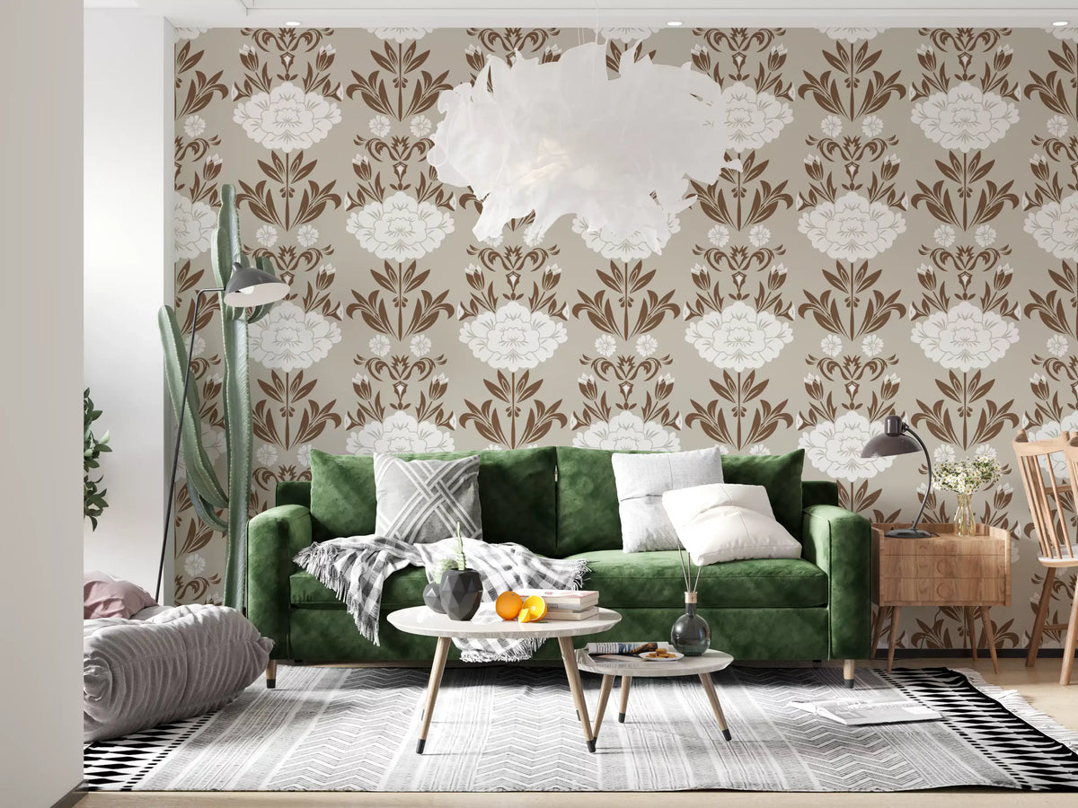 Cream and Brown Floral Damask Wallpaper⁠