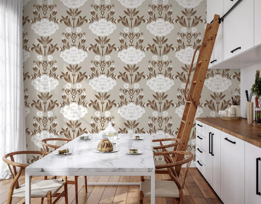 Cream and Brown Floral Damask Wallpaper⁠