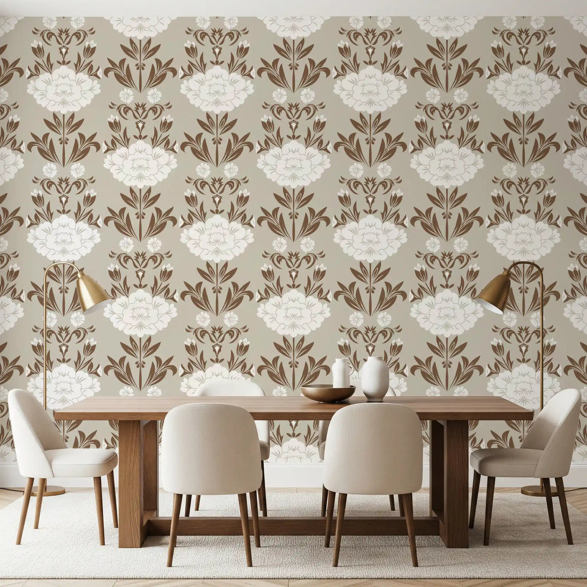 Cream and Brown Floral Damask Wallpaper⁠