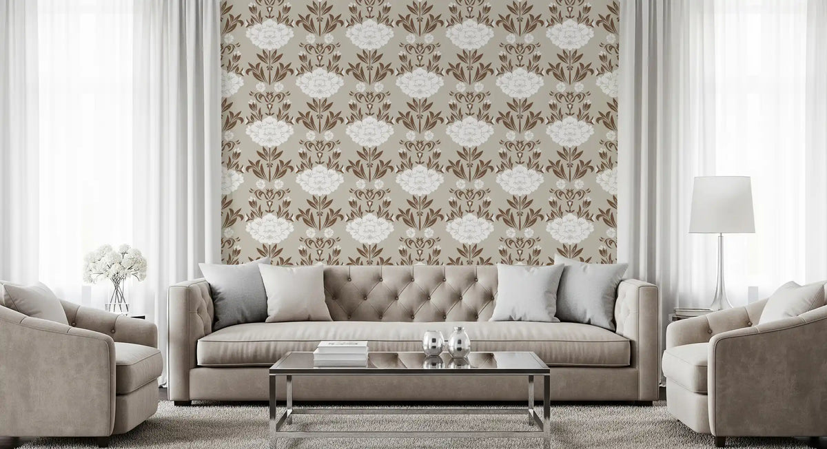 Cream and Brown Floral Damask Wallpaper⁠